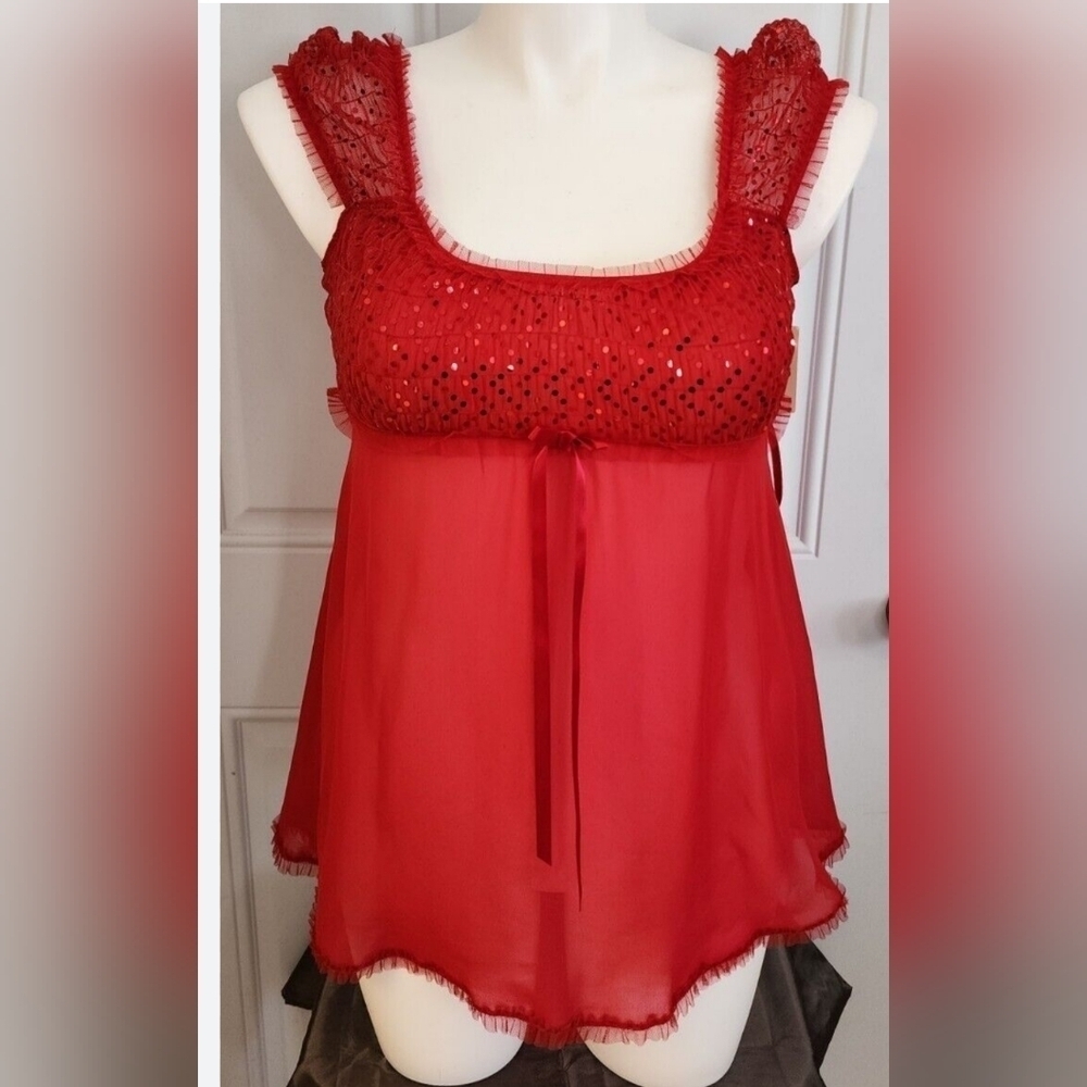 Ambrielle Sheer Babydoll Red Sequin Nighty - Sz small